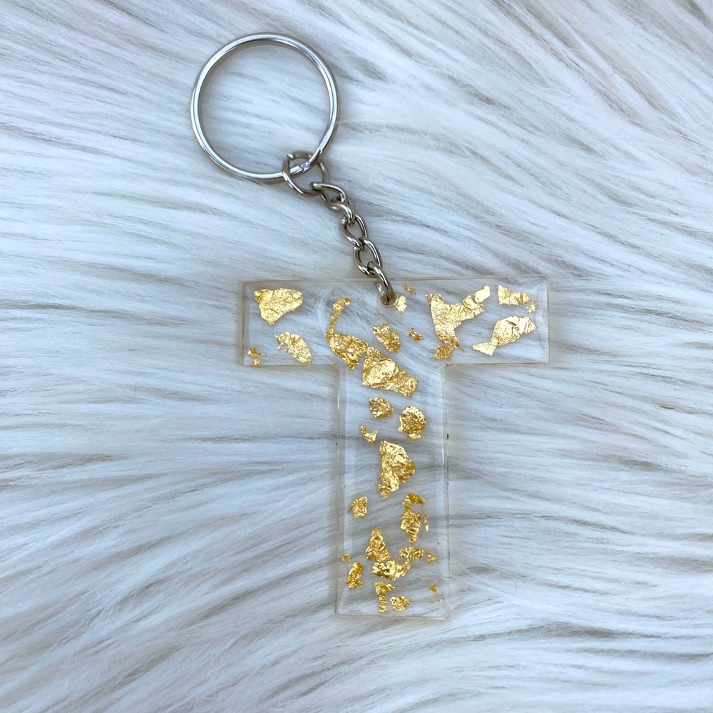 Gold flake letter T name keychain keys car charm gift